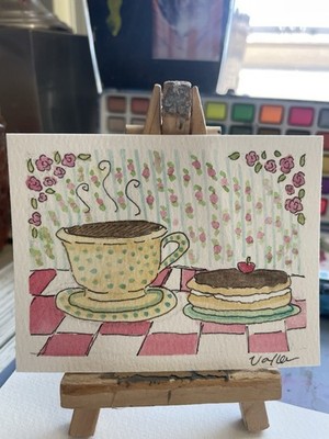 ACEO Eclair Dessert Coffee Watercolor Painting Art Card  Signed