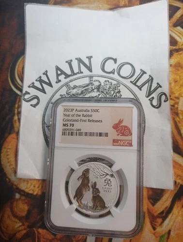 2023 P Australia Colored Silver Lunar Year of the Rabbit NGC MS70 EQ118