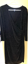 Chaps Faux Wrap Dress, 3/4 Sleeves, Black Silver Glitter, Size 16 XL