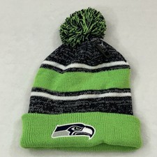 Seattle Seahawks NFL Football Lime Navy Striped Winter Pom Knit Beanie Hat Cap