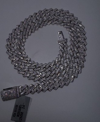 12mm 24  Solid 925 Sterling Silver VVS Moissanite Miami Monaco Cuban Chain