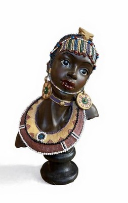 Decorative Bust of An African Girl PolyStone Hand-Painted Festival Attire 17 In