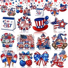 12 Pcs 4th of July Red White Blue Wooden Tree Decorations Ornaments Decor Set