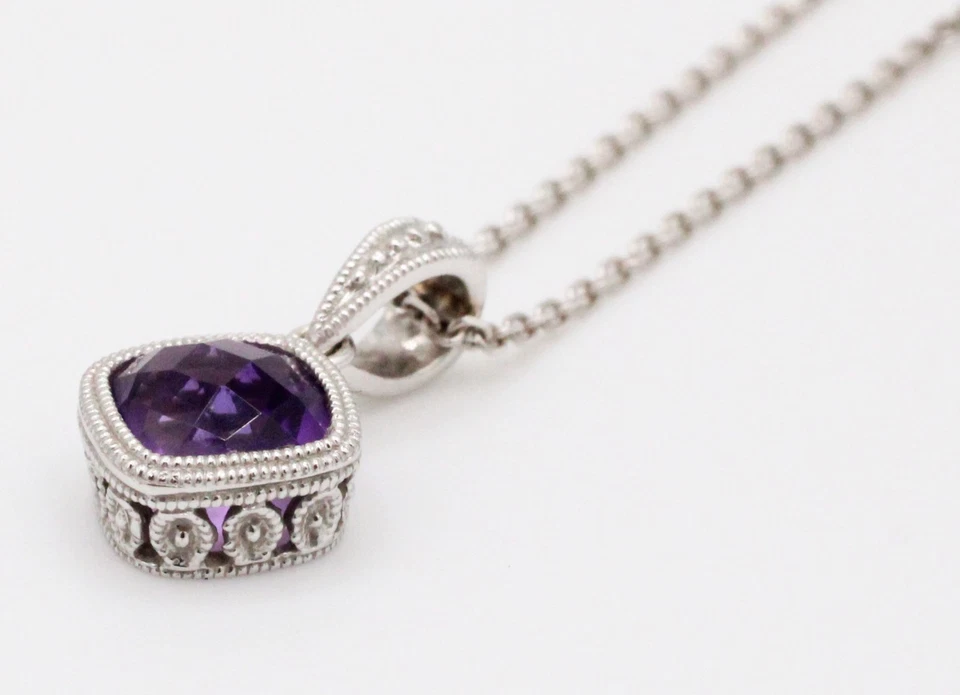 Vintage Amethyst Rhombus Square Pendant - 14k White Gold Necklace - 15" - Image 3 of 4