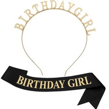 Birthday Crown and Sash Set, Gold Tiara Headband with Black and Gold Birthday...