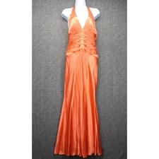 CACHE VTG Gown Silk Coral Formal Plunge neckline Ribbon bodice Size 4