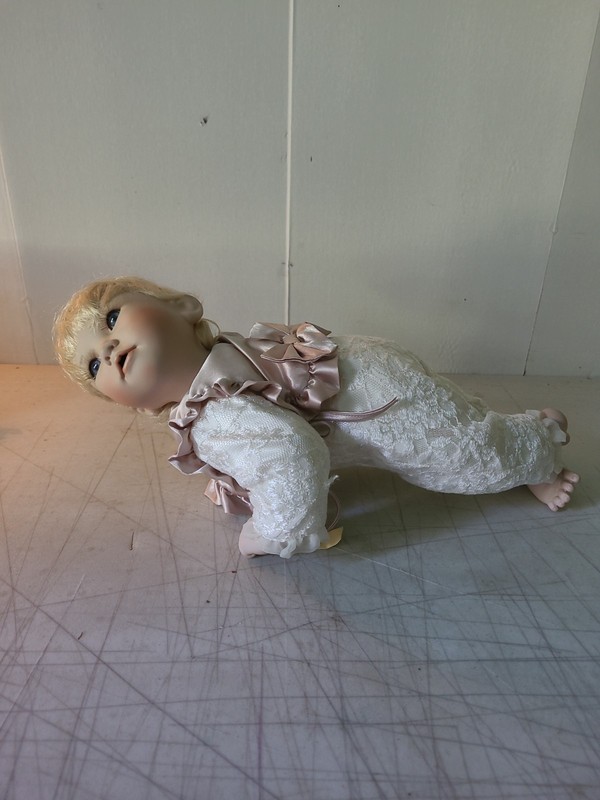 Vintage Porcelain Baby Doll With Name Kara. No Brand. Blonde & White Lace Attire