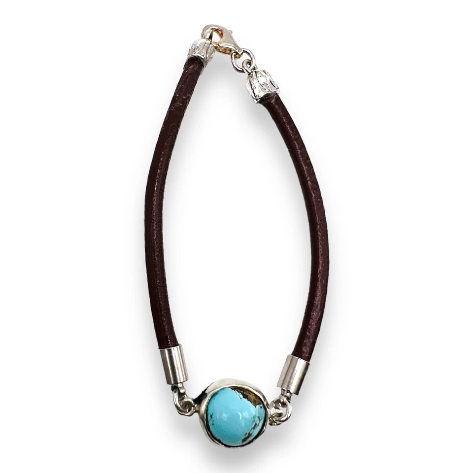 Brazalete de cuero colgante redondo turquesa azul natural de plata de ley de 6,5" Foto 2 de 4