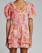 $495 Loveshackfancy Women's Pink Safiya Puff-Sleeve Silk-Blend Dress Size Medium