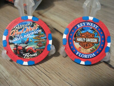 1 Genuine Harley Davidson Emblem Poker Chip - Key West Florida - Red & Blue