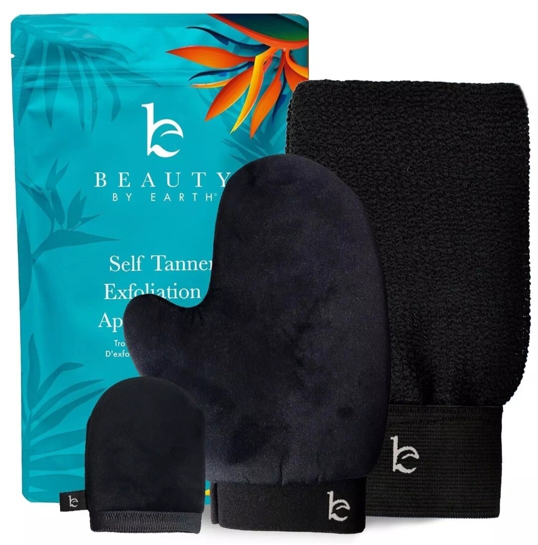 Beauty By Earth Self Tanner Tanning Mitt Set - Exfoliating & Application Kit NEW