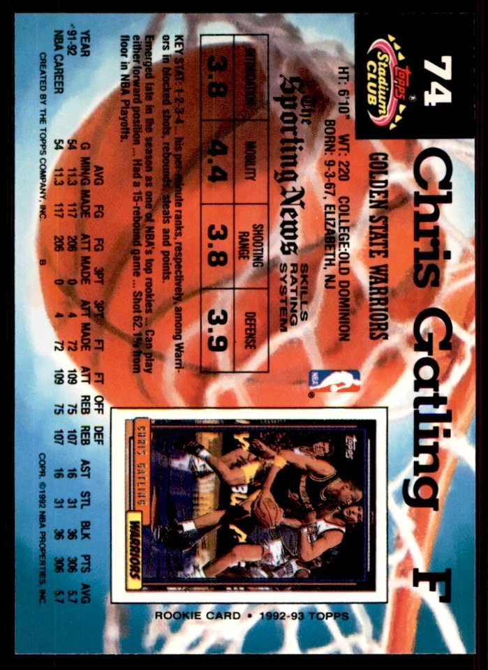 1992-93 Stadium Club Chris Gatling Golden State Warriors #74 - Image 2 of 2