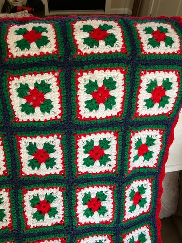 Granny Square Handmade Afghan Beautiful Christmas Colors 42x66 Inches - Picture 3 of 10
