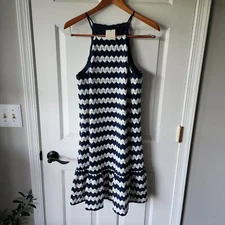 NEW Trina Turk Dress White Navy Blue S Small Crochet Stretch Sheath Washable