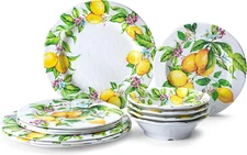 Lemon Melamine Dinnerware Dish Set – 12 Piece Indoor and Outdoor Plates and Bowl