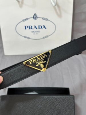 PRADA - Black/Gold Enamel Logo Leather Belt - Milano