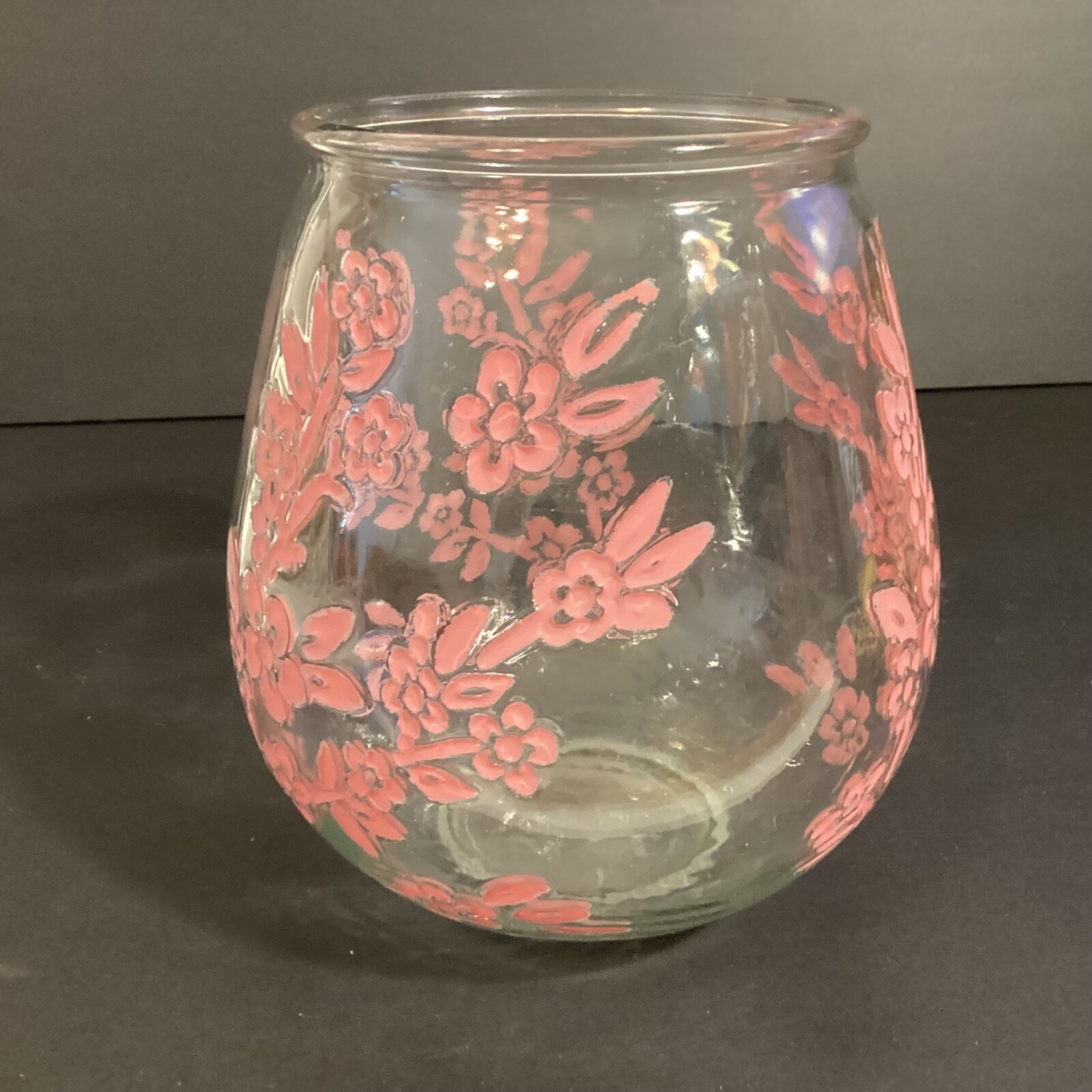 Old East Main Company Pink Floral on Clear Glass Vase or Candle Holder 7" Barrel