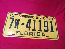 Vintage 1961 Florida Vehicle License Plate Car SUNSHINE STATE 7 w 41191  GOOD