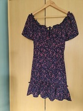 Pretty Little Thing size 6 navy blue pink floral flowy ruffle dress bow elastic