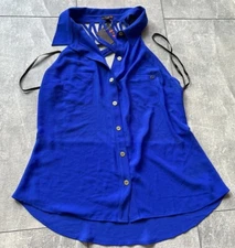 G By Guess Womens Size Large Assata Strapped Buttons Sleeveless Top Blouse Blue