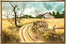 Original Oil Painting Canvas Barn Farm Road Hay Wagon MCM Impressionist Signed