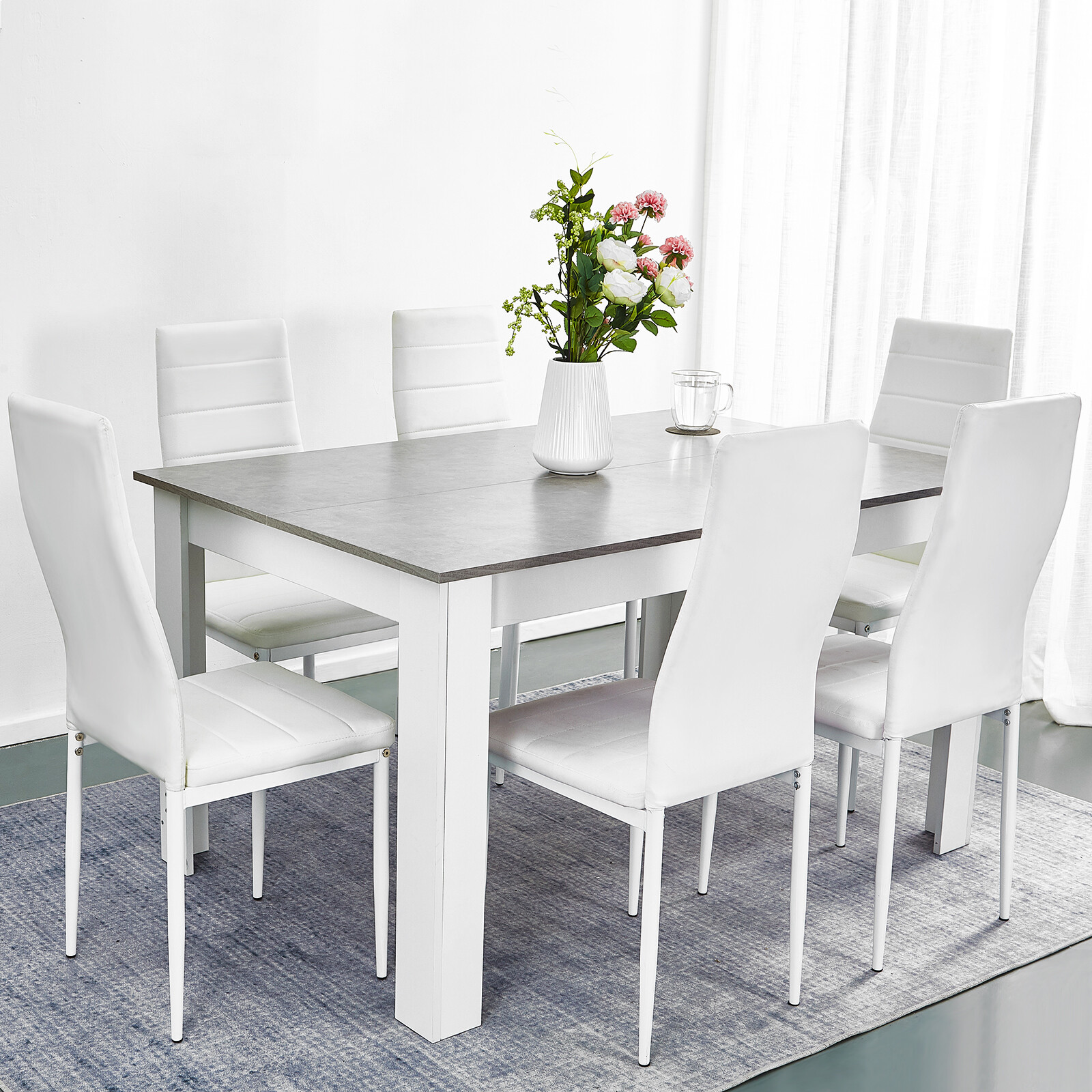 Wooden Dining Table Set 6 Faux Leather Chair White Seat Kitchen Furniture Retro For Sale Online Ebay