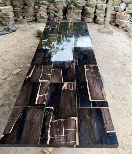 Mesa de comedor de madera petrificada ágata negra 96"" x 48"" ágata mesa de cocina - Imagen 3 de 7