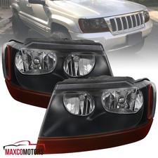 Fits 1999-2004 Jeep Grand Cherokee Black Headlights Head Lamps Replacement Lr