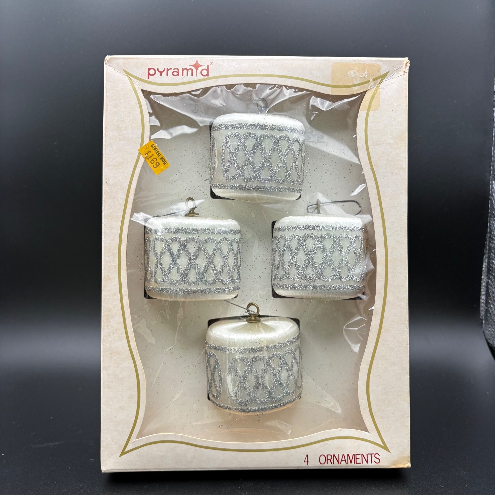 Vtg  Pyramid Spun Satin Glittered Drum Christmas Ornaments White Silver Rauch