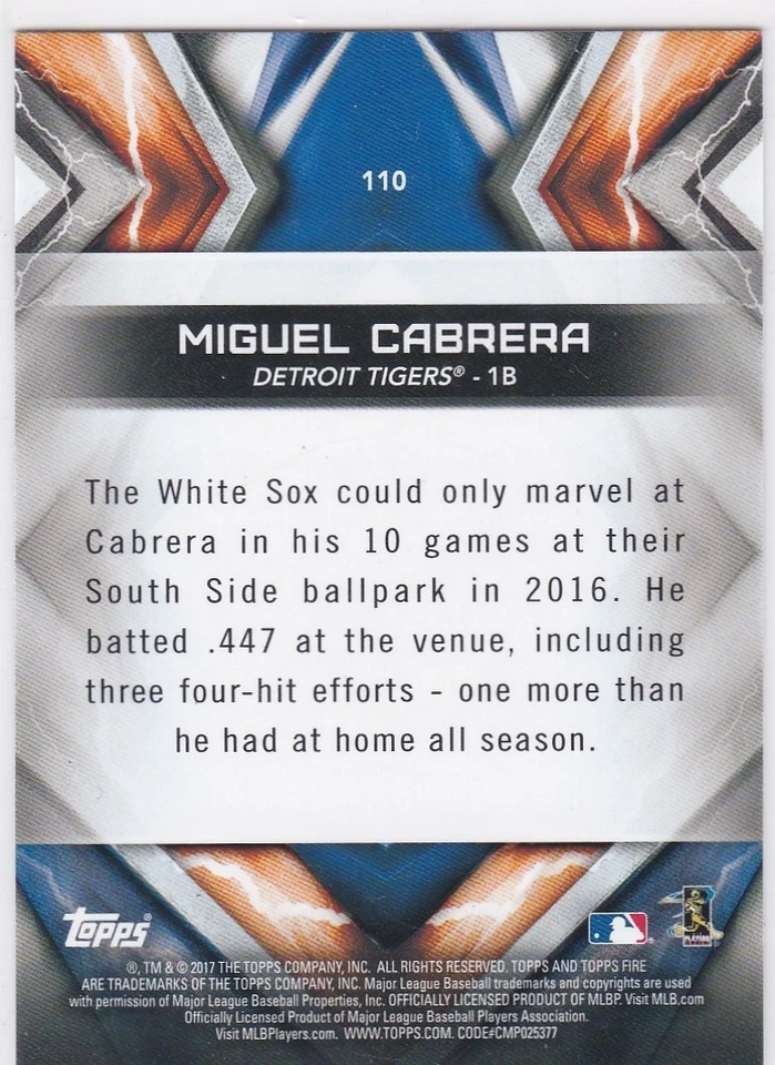 MIGUEL CABRERA Topps Fire Detroit Tigers Baseball Card RARE $$ BLUE VERSION LE! - Image 2 of 2