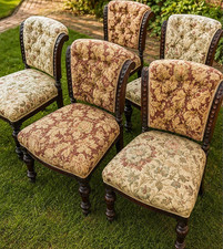 Victorian Set of 5 Mahogany Upholstered Dining Chairs Floral Dark Wood Tone