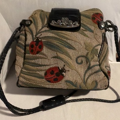 Marc Chantal Ladybug Floral Crossbody Bag Black Trim and Strap Pockets In & Out