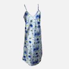 Vintage Blue Floral Satin Chemise Nightgown Midi Slip Dress Sleepwear Womens M