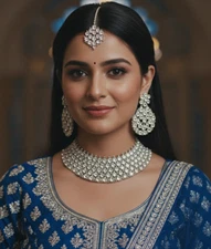 sk 86 Silver Tone Kundan AD Choker Set Earrings Maang Tikka Indian Bridal Set