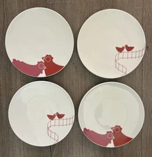 Set of 4 Marla Dawn Dessert Appetizer Plates Red Chickens 7.5" White NWOT