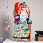 Russian Santa 8" Hand Carved Wooden Figurine, Hand Painted, Artist Signed, Birds