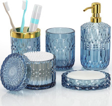 Blue Bathroom Accessories 5 Pcs, Glass Bathroom Accessory Set, Vintage Blue