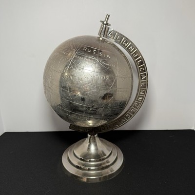 Vtg Silver Metal Chrome World Globe Map Rotating Heavy Desktop Decor 10  x 7 