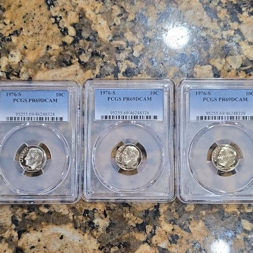 1976-S Roosevelt Dime PCGS PR69DCAM Silver Proof Lot of 3 San Francisco 10C