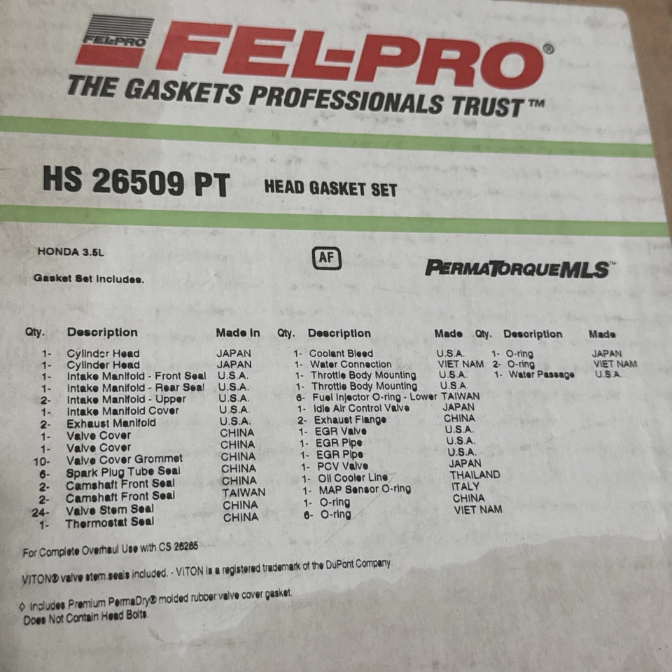 Juego de juntas de culata Fel-Pro HS 26509 PT Select 08-17 Acura Honda modelo 3,5 L Foto 2 de 2