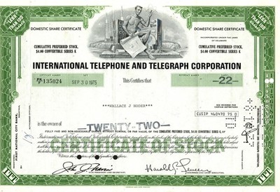 International Telephone & Telegraph - Original Stock Certificate - 1975 - PK1350