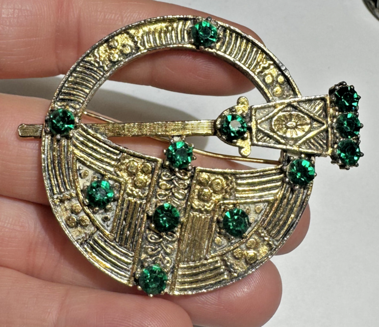 Celtic Penannular Sword Clamore Green Emerald Rhinestone Shield Vintage ...