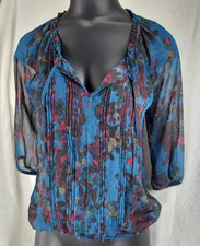 Express Chiffon Pintuck Blouse Size XS Sheer Floral Boho Blue Whimsi Artsy Goth