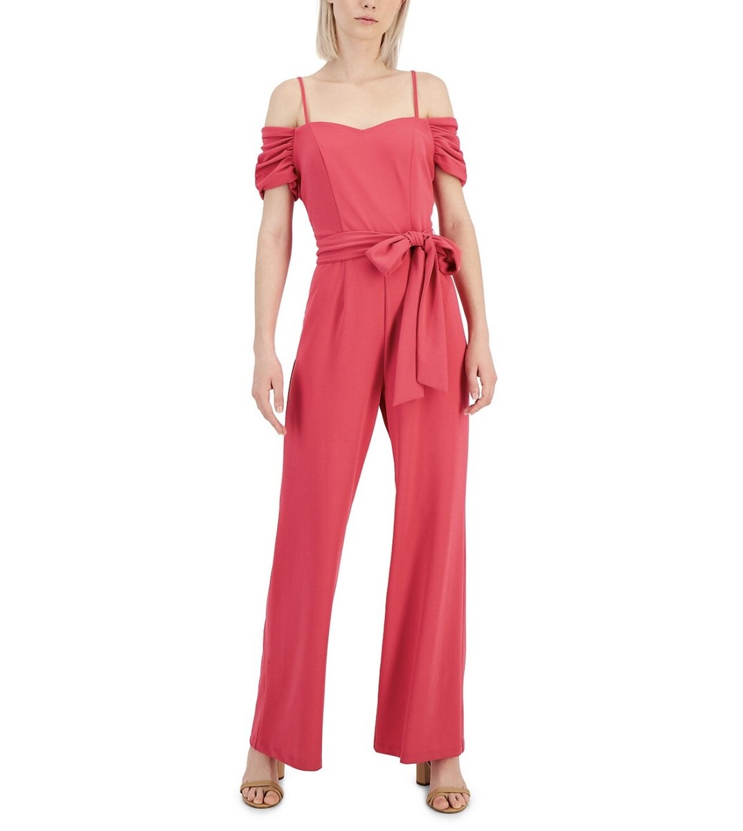 Tahari ASL Women's Off-The-Shoulder Crepe Jumpsuit Hot Pink Size