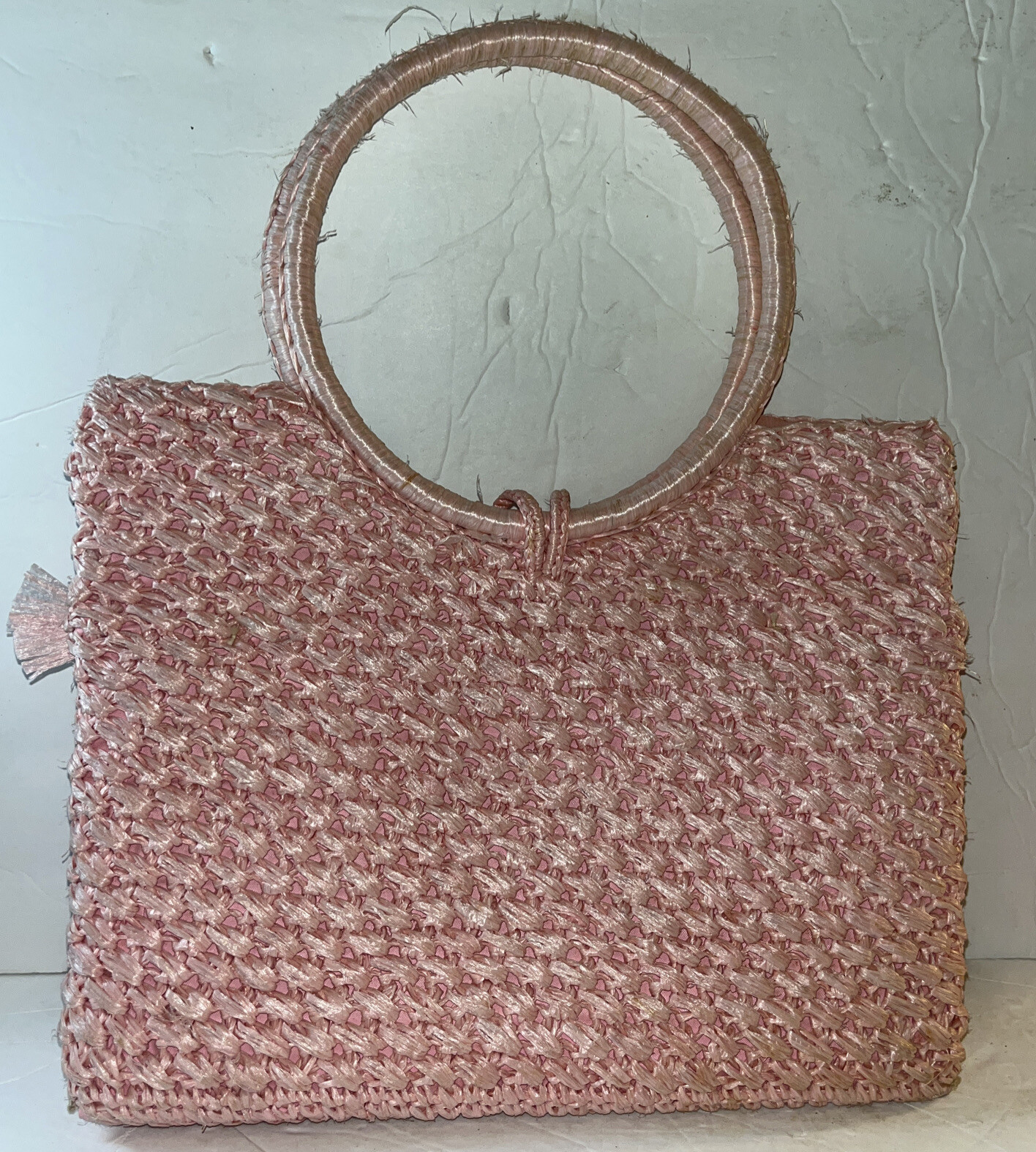 VTG 50s 60s PINK Woven Purse Straw Handbag Bag Ra… - image 6