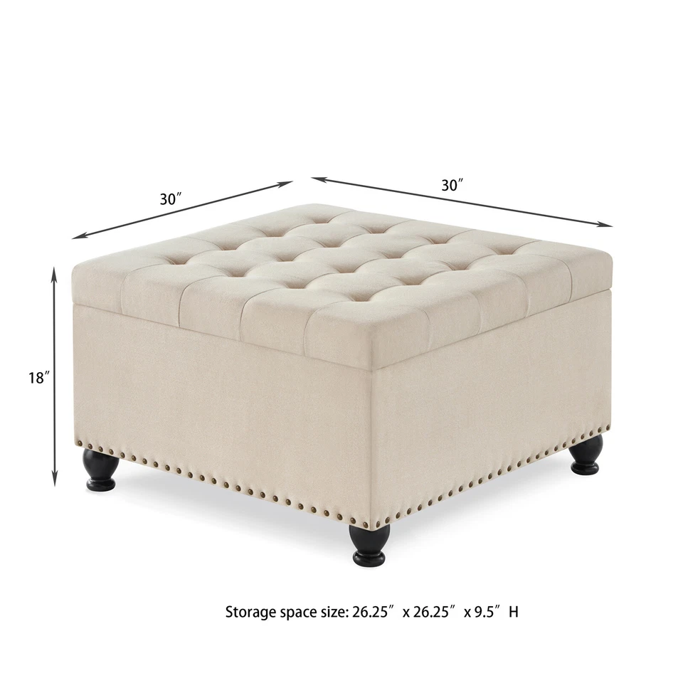 Large Square Upholstered Storage Ottoman Coffee Table for Living Space - Image 3 of 4