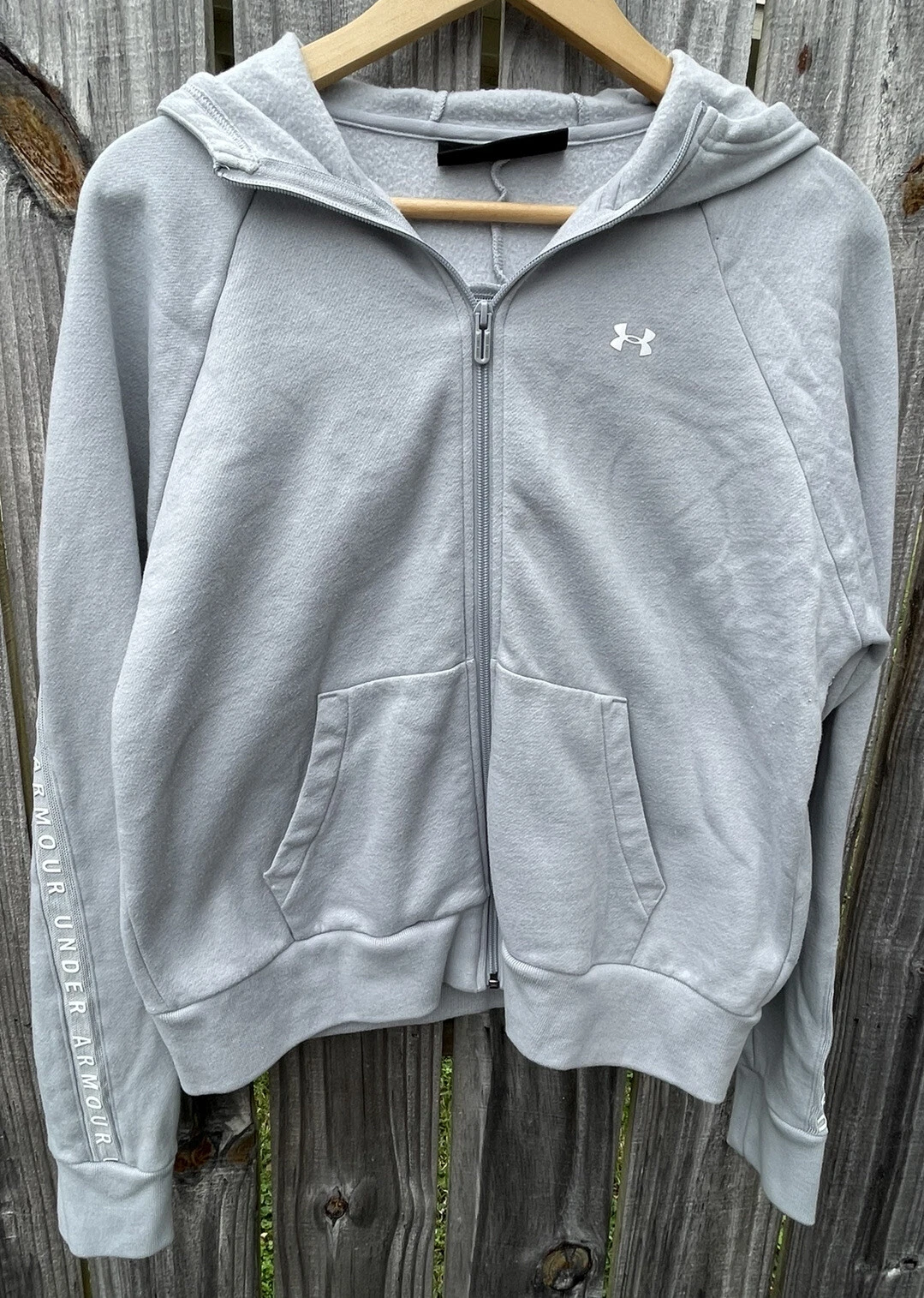 Under Armour Women’s Hoodie Sweatshirt Tape Sleeve Loose Full Zip LARGE Gray