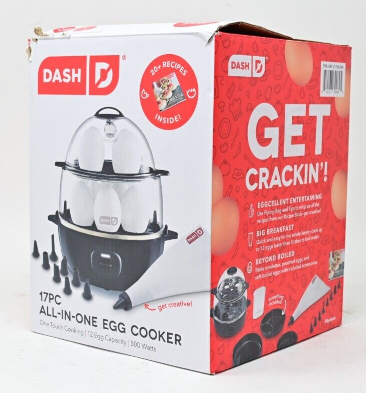 17-Piece Dash Egg Cooker & Steamer with 12-Egg Capacity, Piping Bag, and Recipes