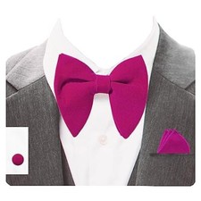 Mens Solid Plaid Velvet Pre-tied Adjustable Bow Tie and Pocket Square Magenta