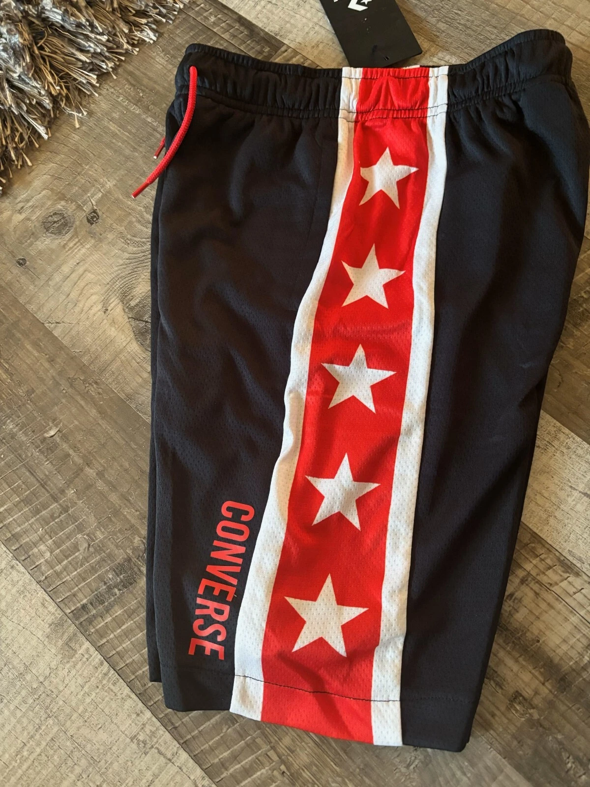 NUOVI pantaloncini sportivi Converse Big Boys neri rossi bianchi taglia SMALL